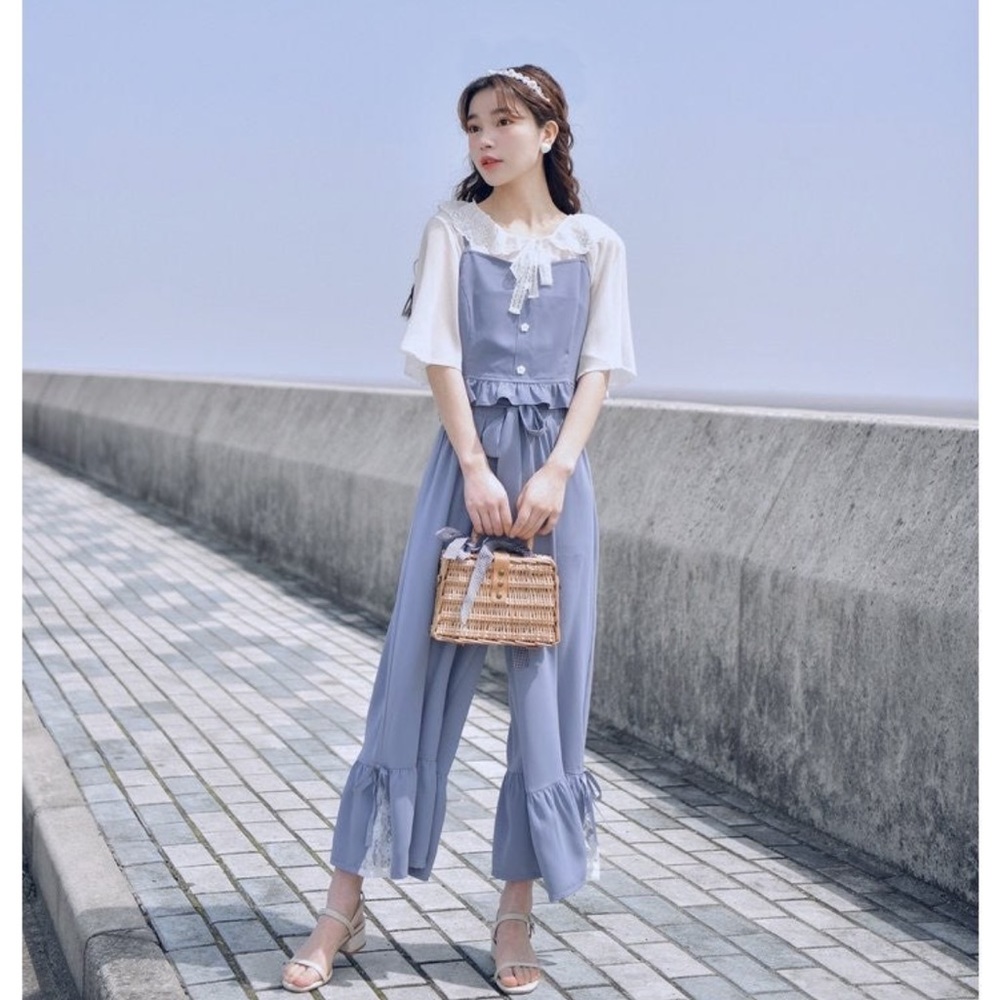 Japanese style SNBL girly pastel laces blue top and pants set suit